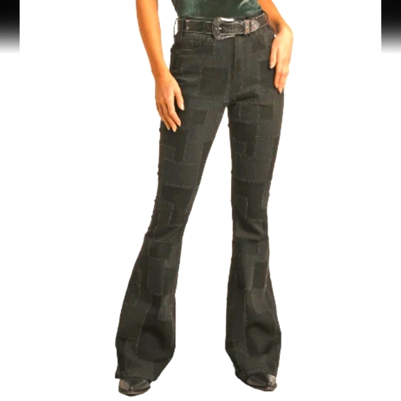 Rock & Roll denim flared Patchwork jeans women's, High Rise stretch, 26/34 - Picture 1 of 17